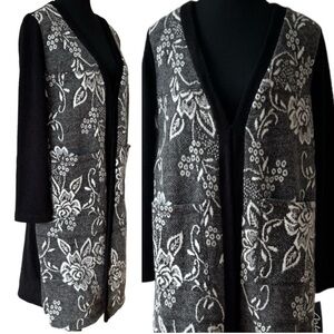 Artex Fashions Floral V- Neck Panel Cardigan Black Grey Size Large duster